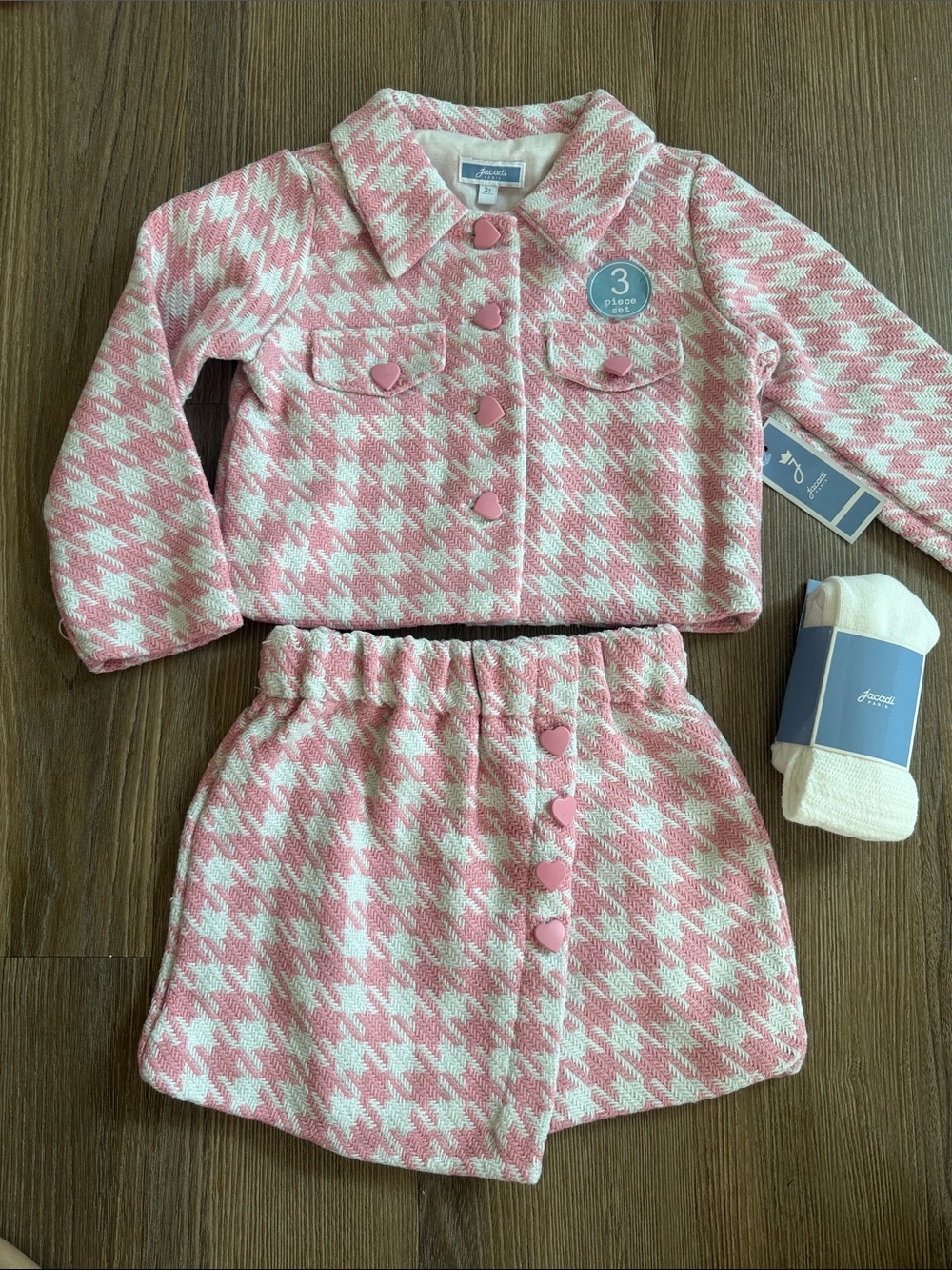 NWT Jacadi pink tweed houndstooth 3 piece jacket skirt tights set
